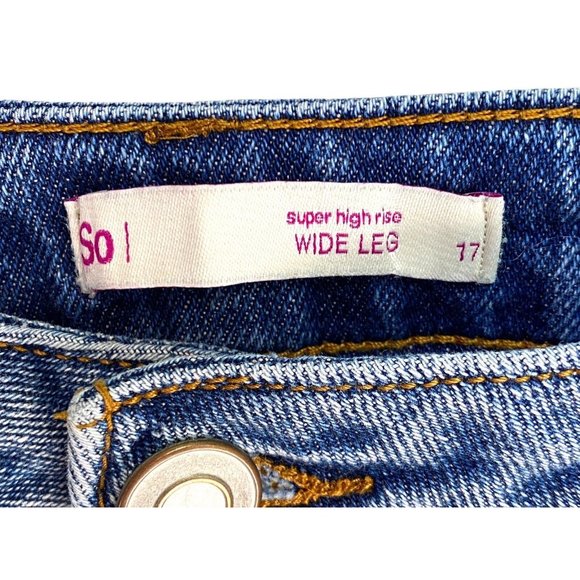 SO Super High Rise Denim Blue 90s Wide Leg Jeans Size 17 Y2K Distressed - Picture 4 of 5